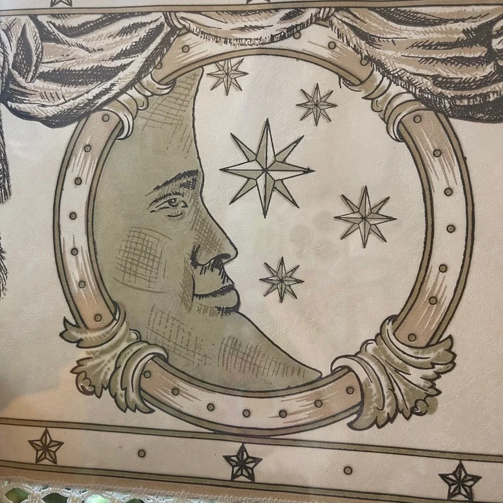 90s Vtg Celestial‎ Sun Moon Star Print Framed Wall Art floating Frame 10x9 lace